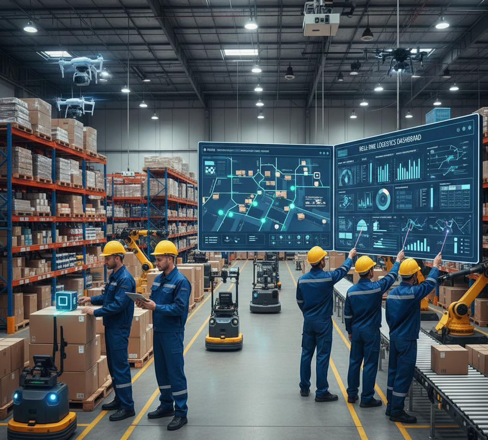 Equipo de logística implementando cambios en almacén con tecnología de seguimiento en tiempo real