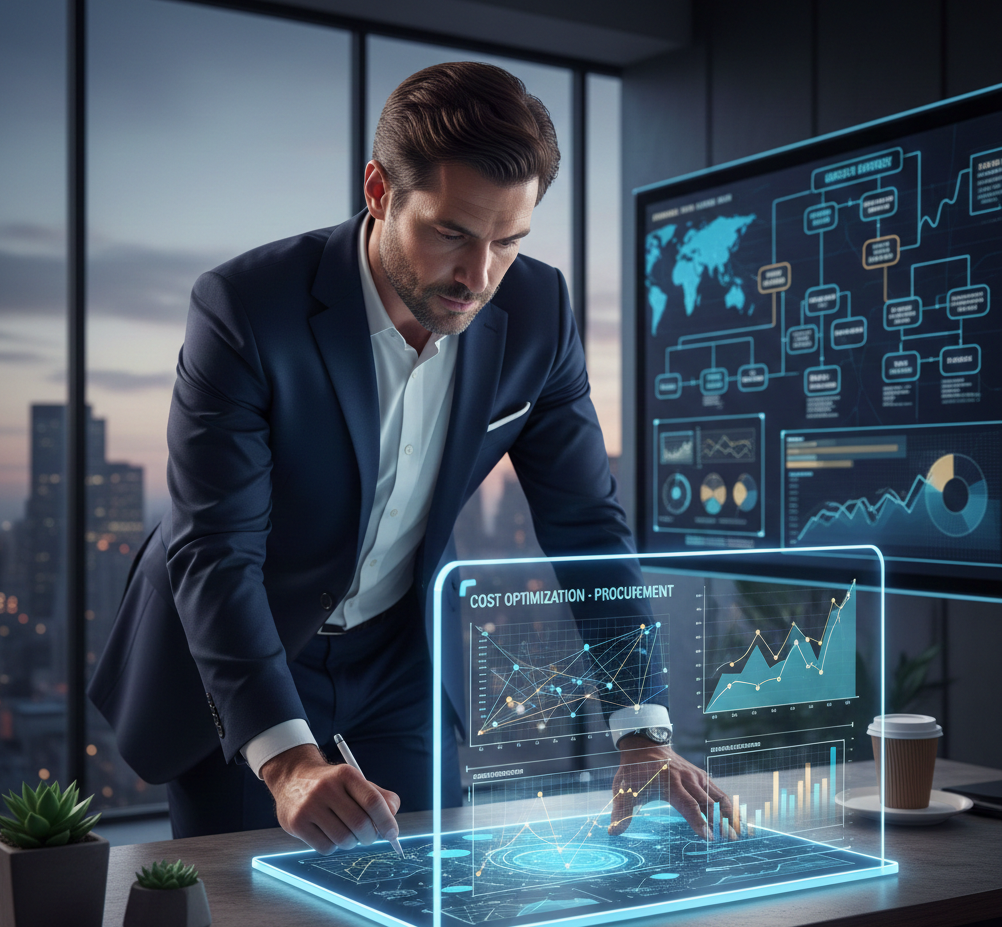 Director ejecutivo de logística analizando gráficos de optimización de costos en procuración en tableta moderna