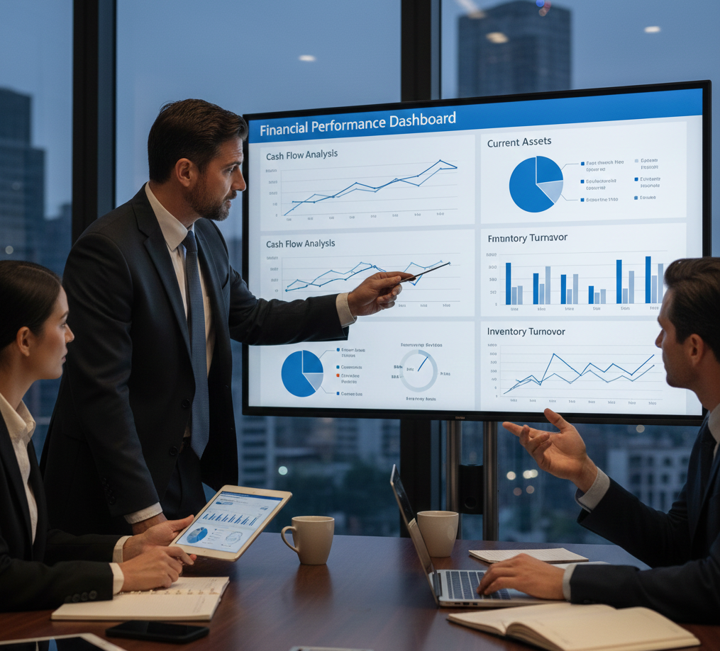 CFO y equipo financiero analizando flujos de caja y rotación de inventarios en pantalla de métricas